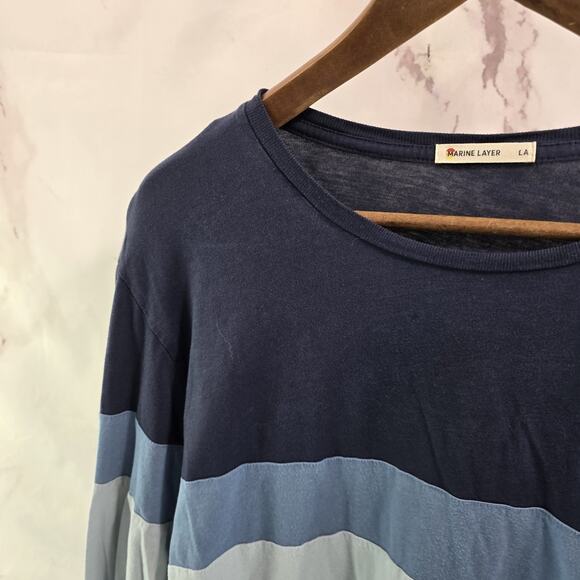 Marine Layer T Shirt Mens Large Blue Tri Tone Long Sleeve Crew Neck Stripe - Picture 2 of 9